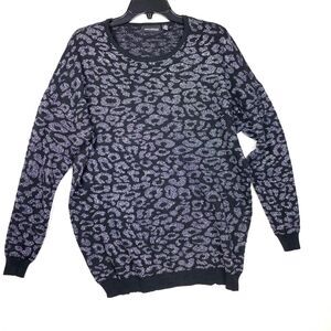 Nina Leonard Sweater Womens 1X Lightweight Black Leopard Print Crew Neck